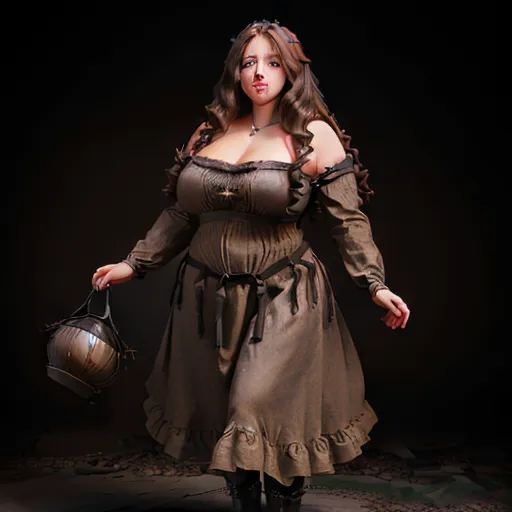 a full length photo of.
dark smoky background
photorealistic
human features
beautiful lady
long thick curly unkempt brown hair
chubby human woman
conservative medieval peasant dress
<lora:realistic_pussy:1>