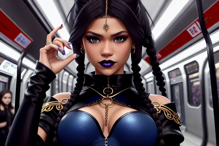 a concept art of,zendaya,wearing goth clothing,touching breasts,in the london underground,big breasts,five fingers per hand,braids hair,charming face,beautiful lips,blue eyes,curved eyebrows,erotic,wearing golden ring,bokeh,cgsociety,smooth,highly detailed,professional