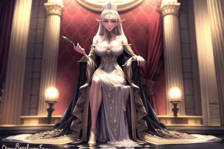 sophisticated elegant very tall elf queen wearing a royal worn dress drenched with cum, sperm <lora:bukkake:1.1> <lora:dpmg_add_detail:1>, (no_white_light:1.1)