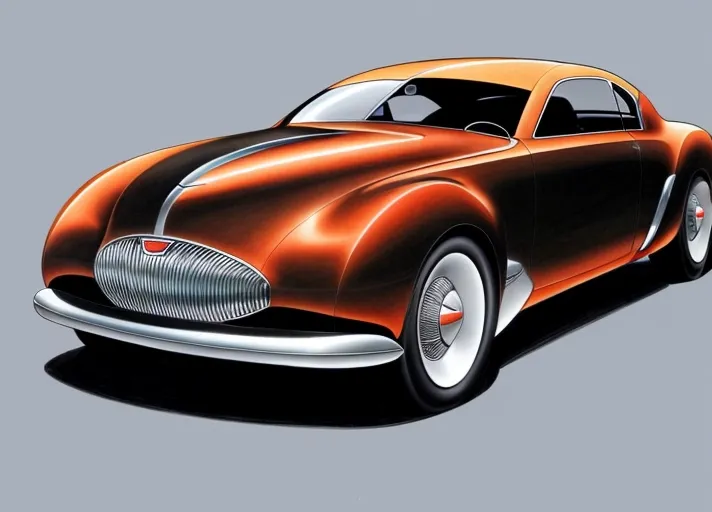 A rendering in airbrush, marker, and colored pencil, of the (full body view) of a sleek sedan concept car styled after cars of the 1940's