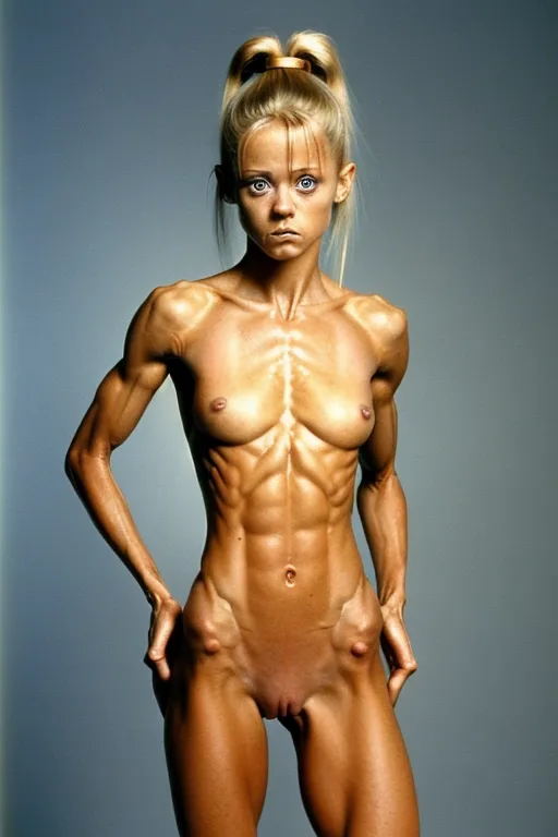 A very fit and skinny 18 year old naked Linnea Quigley, look of pain on her face, pushing her abs out, very low body fat, extremely lean body, perfect body, showing her vagina, standing in a hot fuck palace, fully nude, fully tanned, hair bun, spreading her legs, perfectly shaped breast, blue eyes