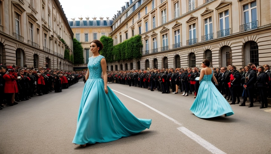 voloptorous lady in modern baroque dress is parade past a palace in france