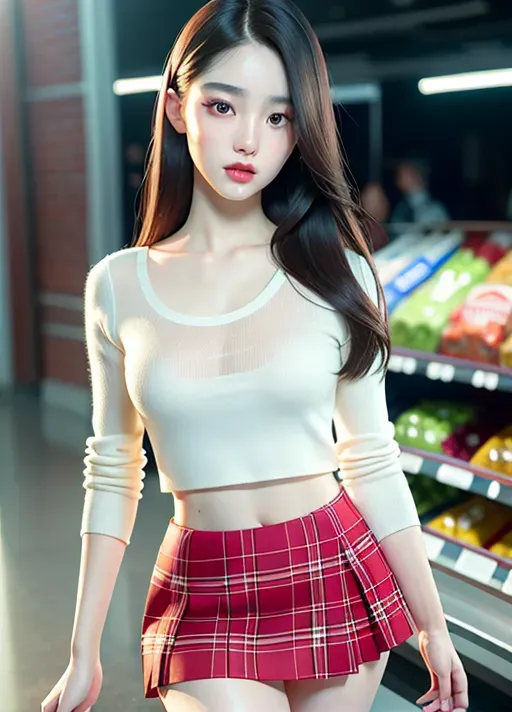a highly detailed photo of, dpmg_asian_aesthetic_v1, pale skin, ultra real skin texture, realistic skin, realistic hair, realistic eyes, realistic, (((ultra realistic))), 18 years old, ultra quality, ultra realistic skin,((perfect pretty face)), (accurate eyes), accurate mouth, ((accurate hair color)), ((detailed hair features)),((detailed facial features)),((detailed body features)), best quality, 8k resolution,beautiful face, perfect body, anorexic, big rounded eyes, perfect shadows, beautiful red lips, inocent face, highly detailed face, curved eyebrows, inocent face, correct anatomy, 8k, insanely beautiful, ultrarealistic, five fingers per hand, ((detailed arms features)),(textured skin),((beautiful lips)),((highly detailed)),((8k resolution photo shot)), cinematic lighting, slim, skinny, barely legal, (photorealism:1.5),(photorealistic:1.4), RAW photo, High detail RAW color photo, a professional photo, hyperrealism, photography, cinestill 800, hyper-realistic lifelike texture, wearing a plaid skirt and a white shirt inside a grocery store, shy, blushing, upskirt, cotton panties