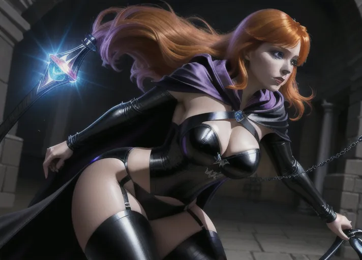 Sweet bright cheerful beautiful elegant auburn haired in a low hanging bun wide sparkling sapphire eyed Queen Anna of Arendelle in black sexy leather and satin attire with a large hooded full length cape obscuring her features in deep shadows lashes out with a raided leather whip against a strapped-up prisoner.
horror