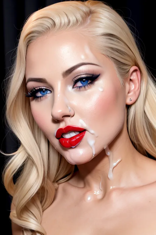 a 8k high resolution photo of beautiful blonde female, ((dpmg_face_cum_v1)),(((cum on face))), ((a lot of cum on face)), ((cum in hair)), (((cum on chin))), (((cum on eyes))), (looking straight into the camera), (fake eyelashes), detailed female anatomical features, (heavy black eyeliner), (((red lipstick))), textured skin, (blue eyes),