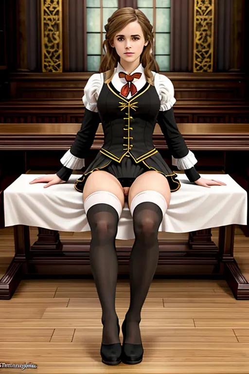 dpmg_emma_watson_v1 a concept art of,Hermione Granger,wearing Hogwarts witch Gryffindor uniform,sitting,in a Hogwarts classroom,medium breasts,five fingers per hand,beautiful face,beautiful lips,black eyes,curved eyebrows,curved eyelid,pale skin,romantic,ultra realistic,sharp focus,pixiv,artstation,highly detailed, dark thigh high socks, white tennis shoes, spreading her legs, discreetly showing white cotton panties