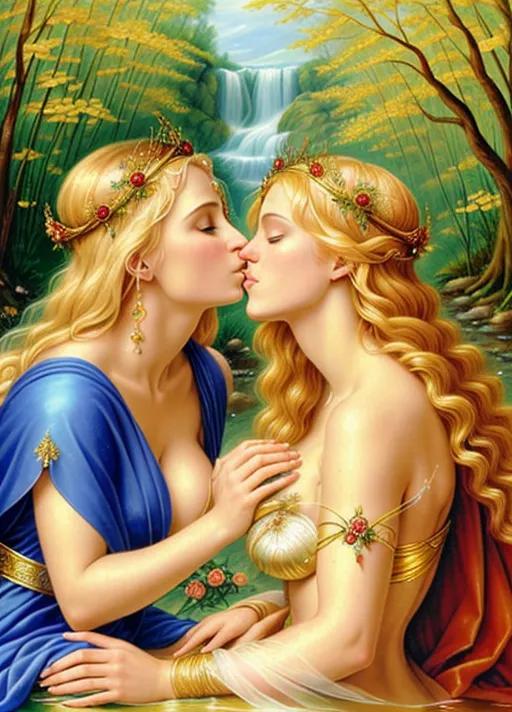 (nsfw), (masterpiece), (((oil painting))), absurdres, smooth, soft lines, soft edges, perfect edges, (soft lighting), (soft glow), detailed background, perfect anatomy, hair with great details, perfect eyes, (perfect angelic face), perfect textures, closeup, back-lighting, full moonlight at night, (god beams), (god rays),
((two beautiful women kissing and bathing in a spring)),
(((Blonde-haired Artemis)
virgin bride Greek goddess wearing crown of stag antlers)
Dominated by
((Auburn-haired Aphrodite) Greek Sex goddess wearing exquisite wide golden girdle)),
(seduced), ((yuri)),
((lesbian)), (domination),
fondle,
(fingering), (breastfeeding)
(cunnilingus), (rimming),
(Fucked from behind),
(small perky
tits), (heavily detailed breasts), heavily detailed nipples, heavily detailed
Areolae,
heavily detailed open pussy, heavily detailed
open anus,
beautiful,
(sensual), (erotic), romantic, passionate,
((aroused)),
fairies, magic, ethereal, (ancient forest), mystical
elements, magical
elements, garland of red
roses and Myrtle flowers in hair, (sheer fabric), draping fabric, (wet fabric), wet, (see-through fabric), rose vines, wildflowers, mossy rocks, small stream, (sacred spring), brook, water,
medieval, waterfall,