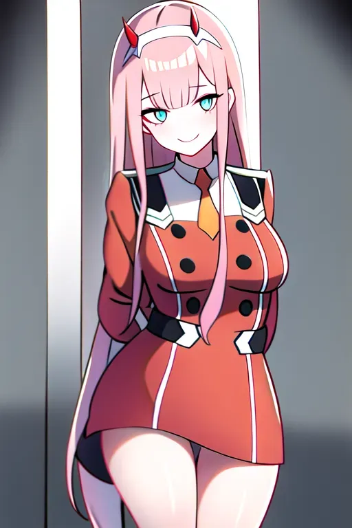 zero two (darling in the franxx), darling in the franxx, 1girl, aqua eyes, arms behind back, bangs, blunt bangs, breasts, closed mouth, cowboy shot, hairband, horns, leaning forward, long hair, looking at viewer, medium breasts, military, military uniform, necktie, oni horns, orange necktie, pink hair, red horns, smile, solo, standing, straight-on, uniform, white background, white hairband, <lora:dpmg_zerotwo:1> spreading her ass naked in public