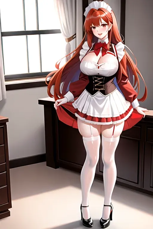 long ginger hair, brown eyes, pale skin, giant breasts, white maid uniform, showing cleavage, bedroom, pov, looking at viewer, miniskirt, red corset, red high heels, overlooking city, 4k, 25 years old, full body photo