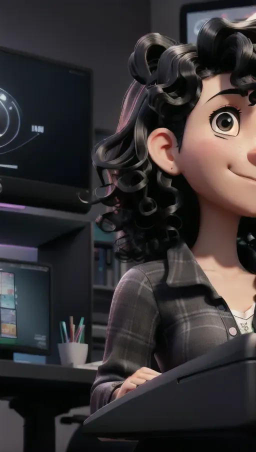 pitch black curly medium hair, sitting on a gaming chair, facing computer screen, hands on keyboard and mouse, cute clothes, smirk, arrogant expression, dark night background, gaming desk, computer, colorful, no lights, high quality, disdain, cute nose, small breasts, slim body, perfect skin, pixiv, unreal engine, partially nude