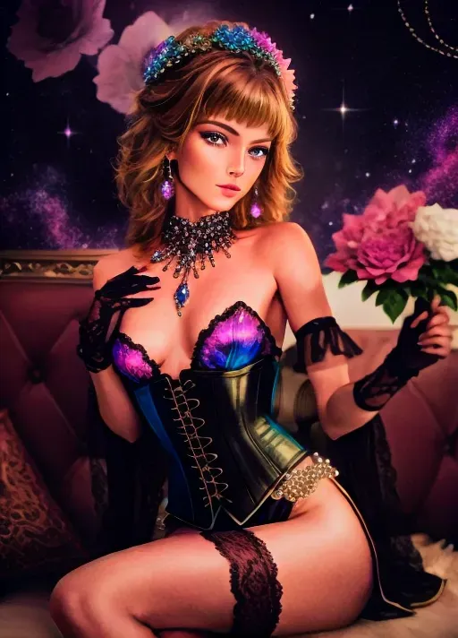 (Masterpiece) 8k resolution, hyper photo realism,
beautiful detailed face,
((slim body)), ((small breast)),
((Petite)),
light complexion, sexy deity, goddess,
Abalone pearl color hair, jewelry, third eye open,
perfect lighting,
Sitting on a couch with her legs closed with one hand on her knee and her other hand on her shoulder wearing lace gloves and a corset, boudoir setting, crystals, giant flowers, magical,
Galactic nebulas background, vibrant psychedelic aesthetic