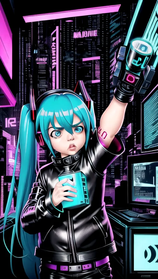 peter dinklage in a cyberpunk setting, wearing a leather jacket, learning to hack, with cybernetic augments, beautiful eyes, holding hatsune miku in his arms