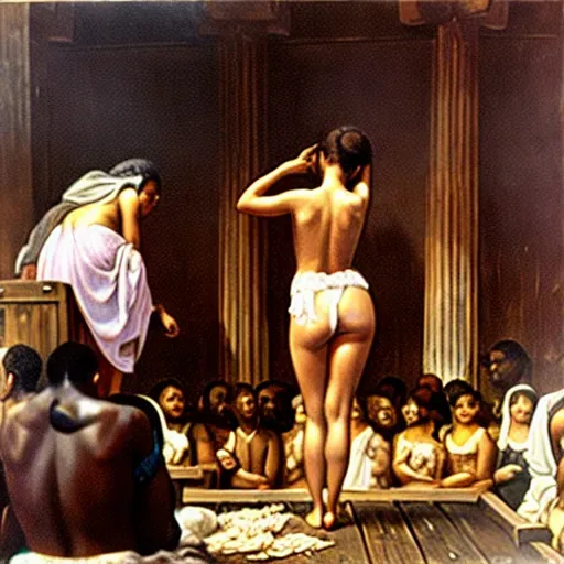20 year old girl, standing naked with white sheer panties, at a slave market auction, 1500s, watched by a crowd of mainly men, looking at the crowd, being mauled by a man