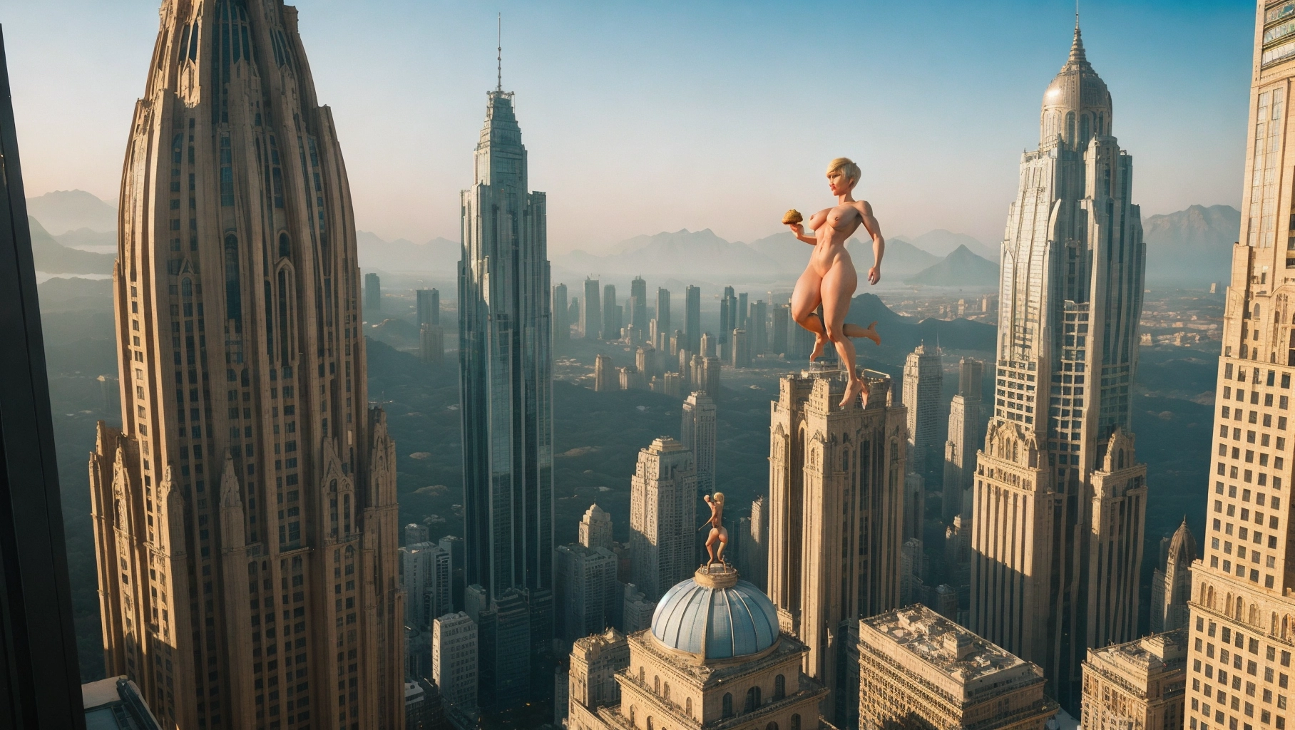 city populated with millions of sexy giant women with Blonde pixie cut hair, blue eyes, fit figures, and super massive gravity-defying breasts naked and fully exposed as a symbol of female power and use the miniature men for pleasure, reproduction, and food alike, low-angle shot, golden hour, sci-fi