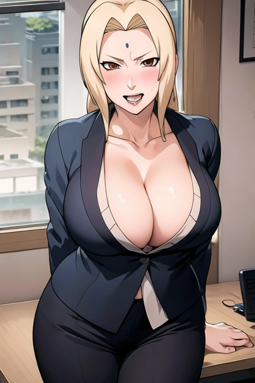 Tsunade Hokage, <lora:DXb15WArbKg_Tsunade:0.8> wearing office suit, teasing at the viewer, ahegao