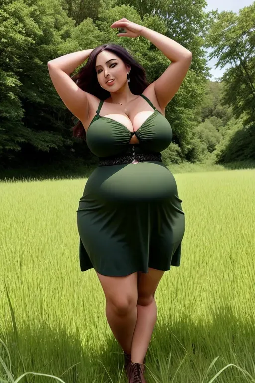 a digital photograph of, dancing, in a field, curvy, thicc, big breasts, big fat belly, thick thighs, wearing dark green dress