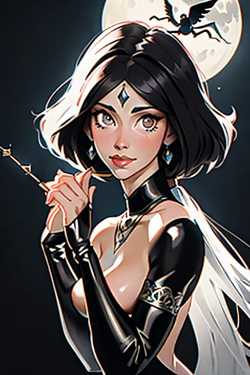 A detailed black and white line drawing of the beautiful Elisabeth Sladen from The Hand Of Fear as a naiad dressed in a black leather mermaid outfit from the Spider Garden, ((topless)), ((mostly naked)), ((futanari)), perfect face, Illustration style, Michale Manning, mm-art, 4K, harnesses, (whips), night garden background, moon, ornate style, vivid lighting,