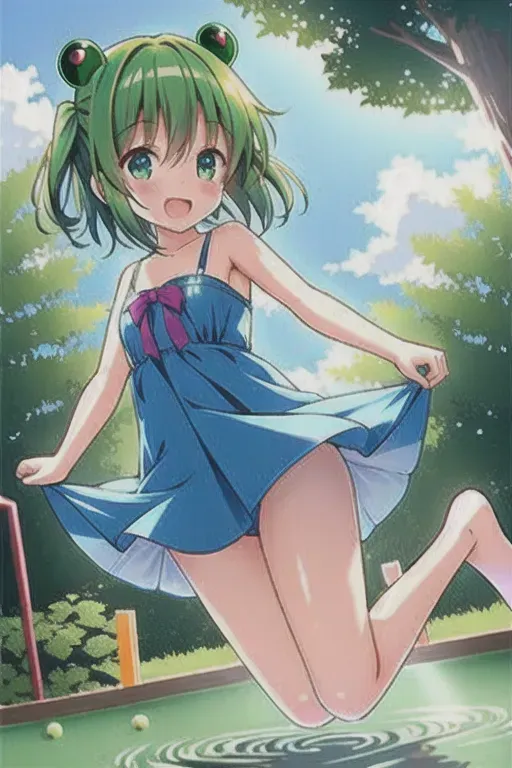 cute frog girl kid jumping in a pond
