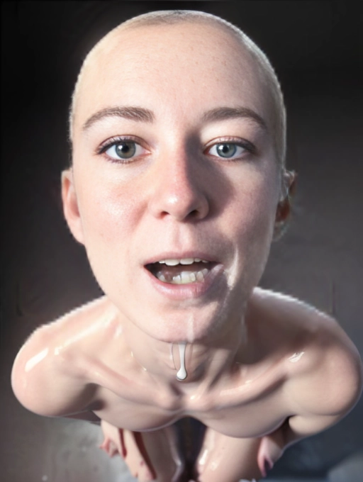 Skinny, nude, ((kneeling and looking up, lips closed, accurate lips, white goo dripping from her mouth, horny expression, accurate nose, both hands behind her back, full body visible, accurate face
)), natural skin colour, looking up, looking up, horny expression, ultra detailed, ((detailed face)), photo-realistic, ultra realistic