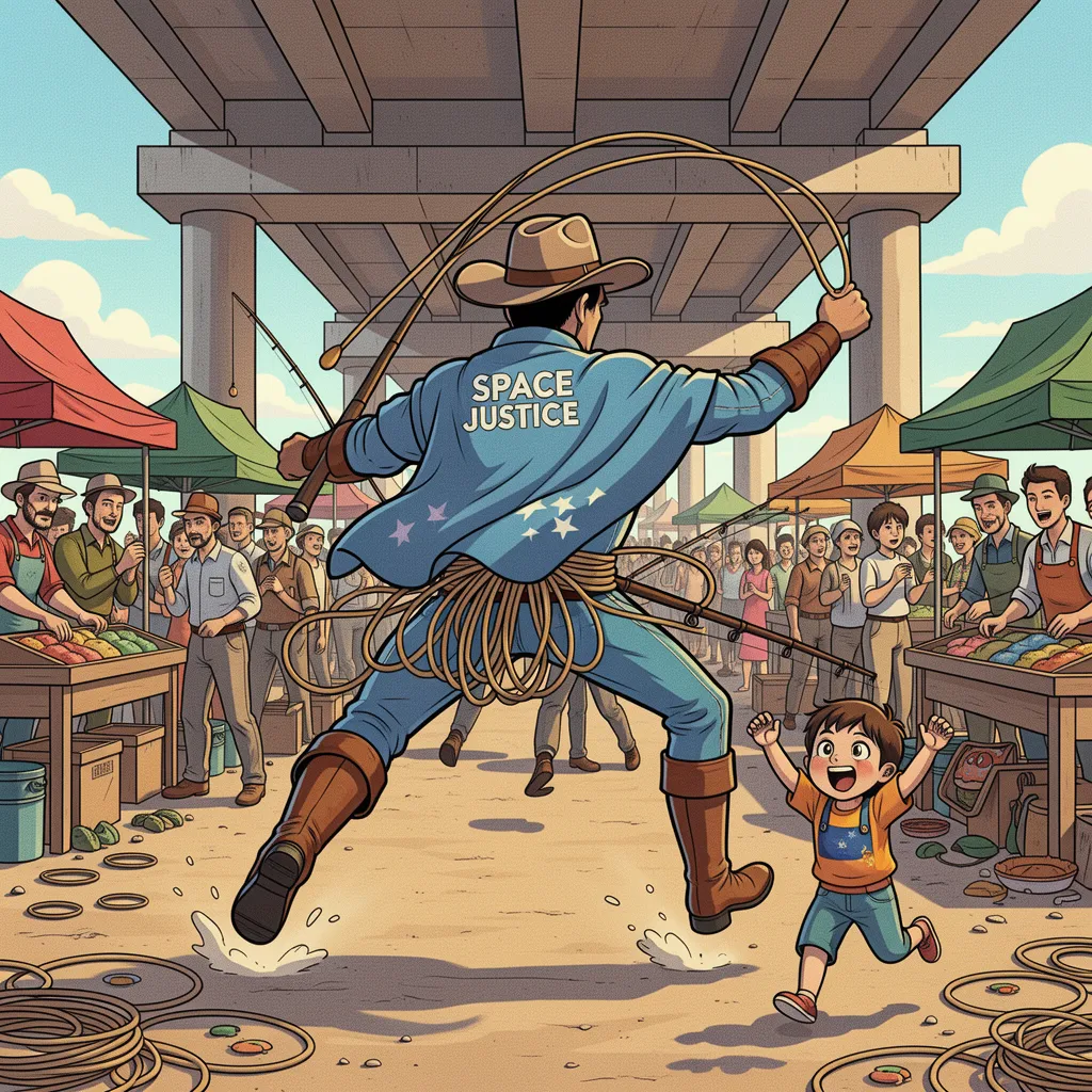 The space cowboy chases the deranged fisherman underneath the causeway, eager to collect on his bounty. Fishing rods and lines hang off the back off the fishermen as he darts between the bustling market crowd. We see the back of the space cowboy in his space poncho emblazoned with the words SPACE JUSTICE, spinning his lasso over his head. A child on the sidelines excitedly cheers the cowboy. 1990s hand drawn anime style with strong fluidity
