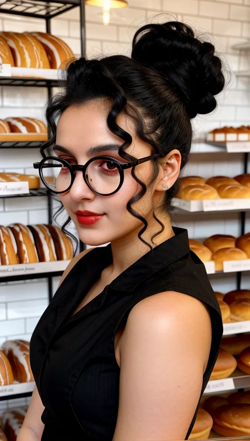 18 years old bakery shop lady, black curly hair in a bun, full lips, black metal frame round gasses on peak of nose, beautiful dark shining eyes, defined cheeks, defined jaw, small, thin chest, shy smile, nice teeth, high angle camera view from behind