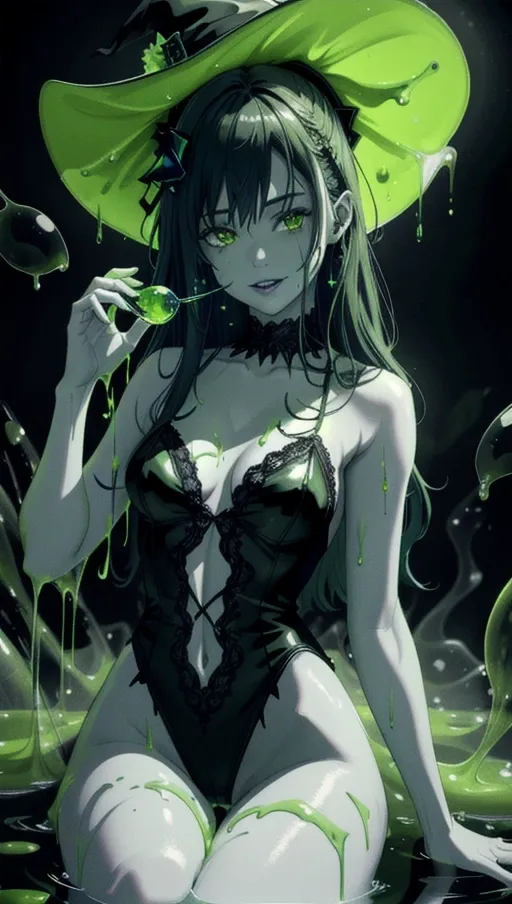 (Best quality), high quality cinematic film, (a pussy shot of adult female witch lounging bathing in green slime with fireflies), (witch hat with sexy gothic lingerie leotard:1.2),
(correct anatomy with feet up showing pussy), (detailed view of realistic face with proud expression:1.07), beautiful detailed full lips smiling showing teeth, (zoom in view of pussy dripping with slime, eerie green candles and floating green bubbles:1.2),
Seductive, eerie and spooky, (dull colors in an underground dungeon with wall of candles:1.2), hyperrealistic skin covered in green slime, interesting composition with black background,
soft focus, sharp and clear image, (flat shading stylised colorful art:1.07), <lora:dpmg_add_detail:0.25>, (physically-based ray tracing, photon mapping:1.35), (high resolution masterpiece, 4K, HDR, UHD:1.35),