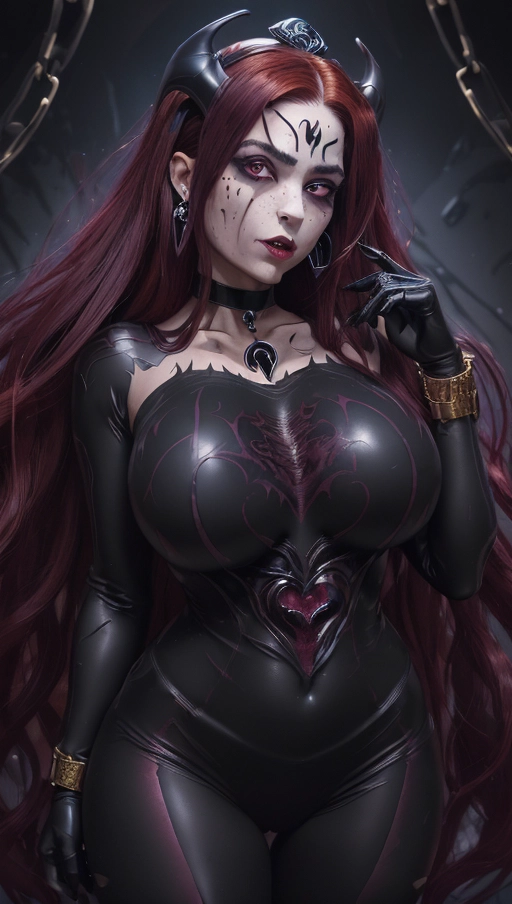 best quality, (((ultra high res))), (detailed face and eyes), (succubus), hearts, ((perfect face)), (necklace), (((big choker))), golden earrings, jewelry, gloves, ((gold)), (((big pink diamond diadem))), (big pink diamond crown), hourglass body, ((handcuffs)), handcuffed, ((((chained)))), (tied up), ((((black symbiote goo suit)))), ((((symbiote succubus)))), ((big cameltoe)), ((((burgundy red hair)))), ((((extremely long hair)))), ((((straight hair)))), ((black boots)), ((((black symbiote neckholder suit)))), (((black legs))), (((black gloves))), (((((very long voluminous hair))))), (((((hair raising succubus))))), ((((raising hair)))), (((((very voluminous hair))))), ((black symbiote hips)), ((black symbiote thighs)), ((perfect eyes)), ((((face closeup)))), (((black symbiote leggings))), (((corruption))), ((((burgundy red hair everywhere)))), ((huge tits)), ((huge boobs)), (((heart))), ((((black tight t-shirt)))), ((((black symbiote goo corruption face))))