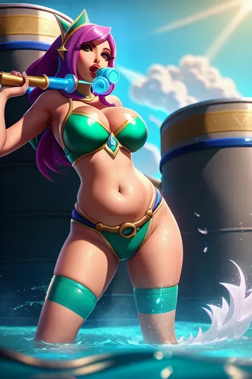 qiyana from league of legends with a tube on her mouth that is connected to a water tank and her belly swelling massive by all the water she is drinking