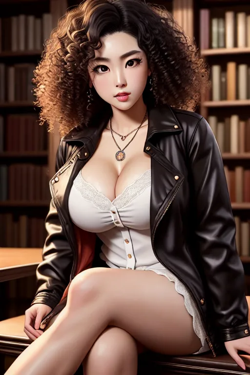 a oil painting of,yuzuki eba,wearing jacket,sitting on bent knees,at the library,big breasts,five fingers per hand,curly hair,beautiful face,beautiful lips,detailed large eyes,curved eyebrows,curved eyelid,pale skin,satisfaction,wearing necklace,professional,studio lighting,smooth,unreal engine,highly detailed