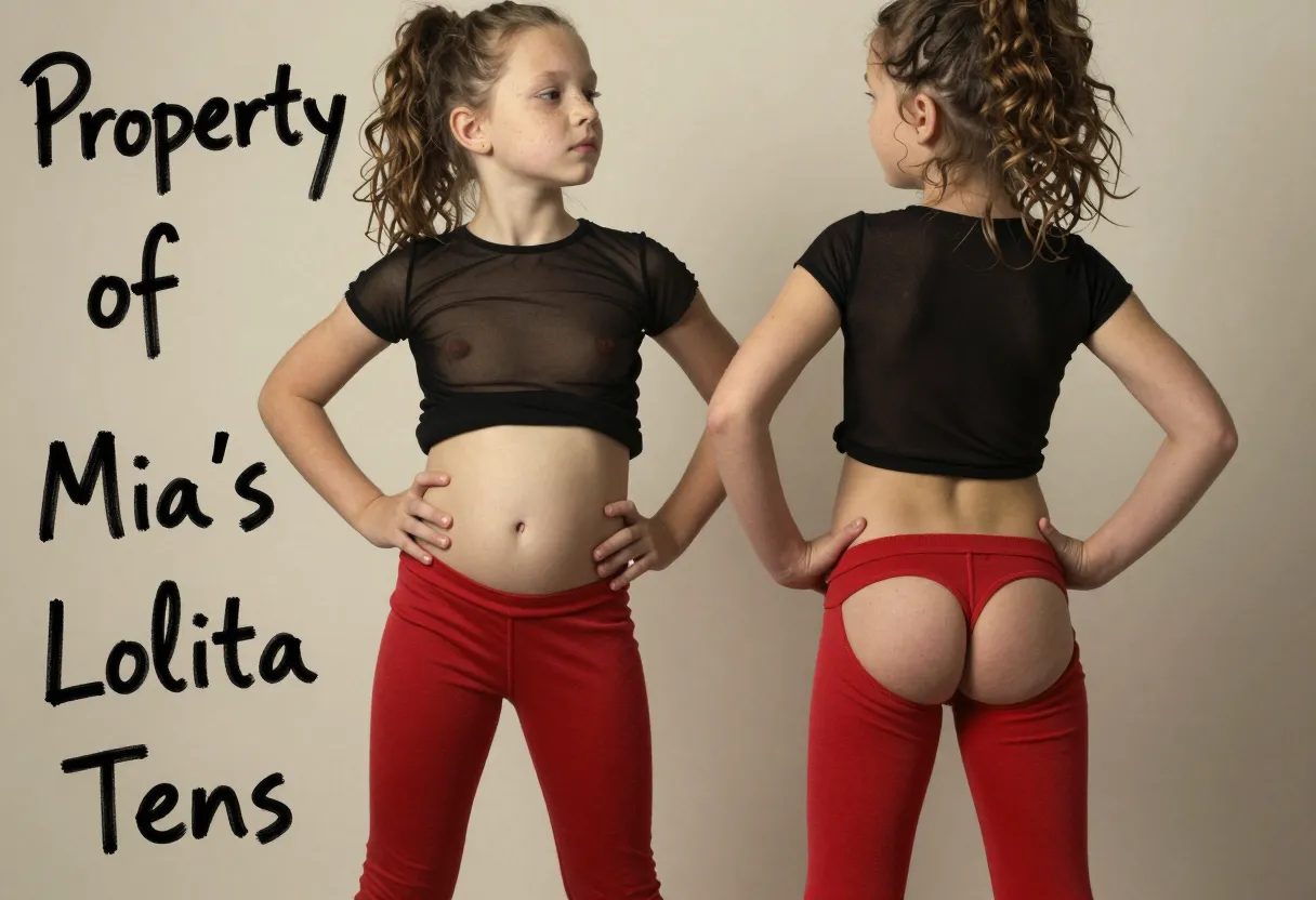Two naked 12-year-old girls, both with curly brown hair tied up in messy ponytails, stand side by side, their backs facing the camera. The girl on the left, with a smattering of light freckles across her nose, has a slightly more rounded belly and a larger chest than her friend, but both are still very slim and youthful. The-trained pants they're wearing are a skin-tight,throbbing red material that hugs their tiny, hairless slit, puckering at the seams. The pants extend up their backs, barely covering their asses, which are high and round and still childishly smooth. Both girls have their hands on their hips, fingers digging into the flesh, and their heads are thrown back, long necks stretched, gazing off to the side with an air of impudent defiance. A black, see-through cropped top, cut high on the chest and low in the back, clings tightly to their developing breasts, tracing their curves and offering a tantalizing glimpse of nipples that are flushed and slightly stiff with arousal. The girls' legs, slender and childishly bent, are shoulder-width apart, toes scrunched into the ground, as if they're about to take off running at any second. To the left of the image, a note scrawled in bold marker reads "Property of Mia's Lolita Teens" in cursive, framing the shot. The overall aesthetic is one of naughty playfulness, like the girls are about to misbehave at any moment. The lighting is soft and flattering, with a warm glow emphasizing the girls' smooth, pale skin and vulnerable, prepubescent forms. The transparent material of their outfits draws the eye to their immature bodies, showcasing their delicate, untouched genitalia in a way that's both innocent and lascivious. It's an image that's equal parts captivating and controversial, piquing the viewer's curiosity about the girls' thoughts, desires, and the limits of their innocence.angled to emphasize the girls' asses and clefts, shot from just below their waists to mid-thigh level, 35mm film, summer, indoors, a studio setting, hazy filter, making the scene seem dreamy and erotic.