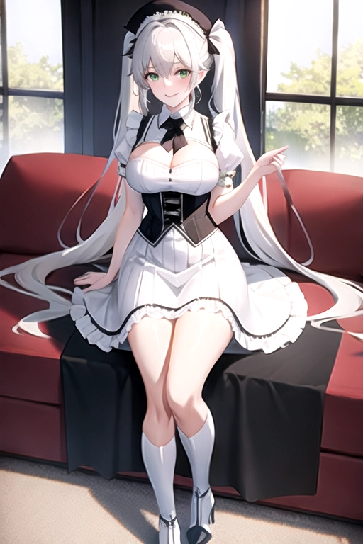 long hair, pale skin, white hair, green eyes, black choker, giant H-cup breasts, wavy hair, white maid uniform, smiling, full body photo, 28 years old, miniskirt, cleavage, high heels, corset, 8k quality, boots, in living room, pigtails