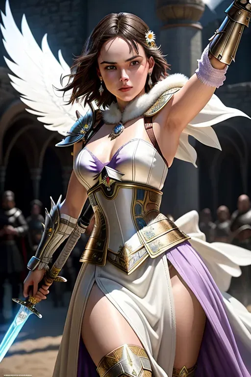 Fantasy intricate highly detailed photorealistic realistic ultra realistic sharp focus with daisy ridley dressed in medieval white thunderbird armor with purple accents wielding a broad sword