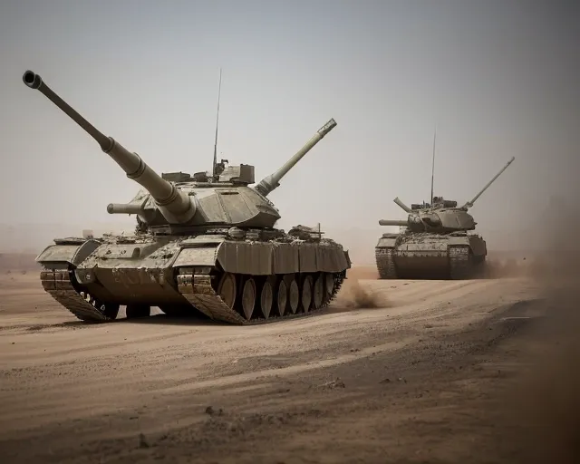 a large battle tank in a dusty battlefield looms out of the smoke of the battle in the during a large tank battle