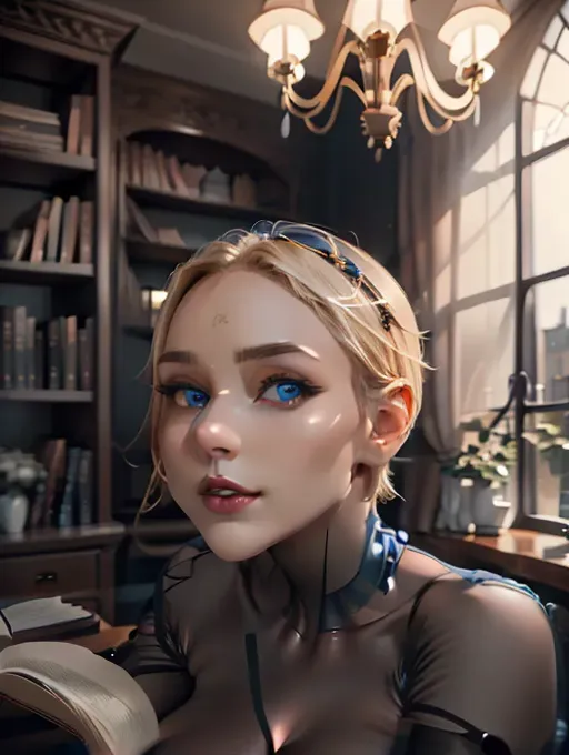 <lora:dpmg_black_see_through:0.6>, 1girl, black see-through bodysuit, (sitting),(large breasts:1.3), short hair, blonde hair, blue eyes, nipples, highleg panties, upper body, (dynamic poses:1.2), indoors, window, book shelf, chandelier, decorations ,<lora:dpmg_euro_american:0.55>