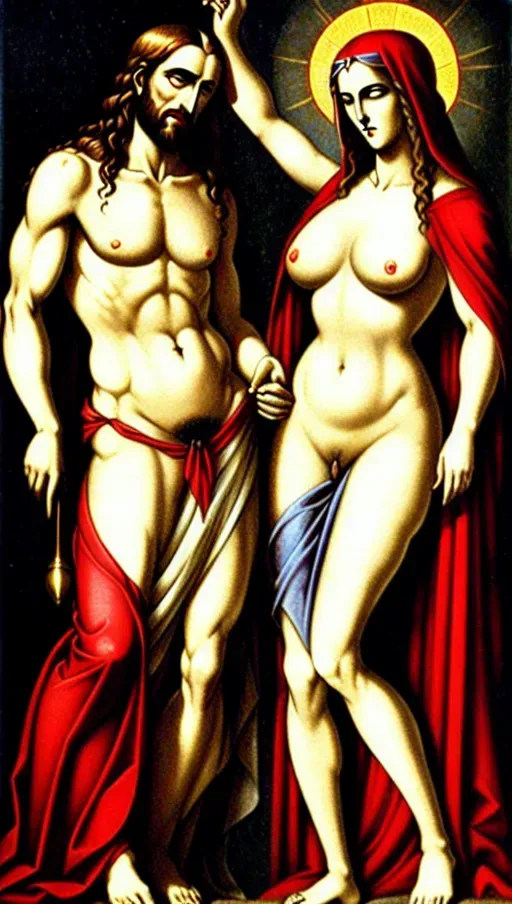 Jesus Christ and Mary Magdalene having sex. Jesus looks evil, and he is a vampire. Jesus has Satanic blood markings on his forehead. Jesus has a red halo around his head. Jesus is dressed in a red Roman sash and has a massive uncircumcised cock. Mary is fully nude and has massive breasts with firm nipples.