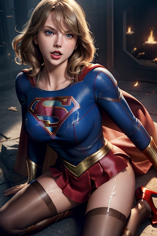 Supergirl with Taylor swifts face (ecstatic:1.2), torn top, suck on my breasts, (outfit:1.4), nice (breasts:1.4) with nice nipples, dynamic scene, 8K, digital photo, (cum:1.4), (slut:1.3), centred, high heels