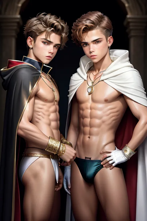 High Fantasy, teenage Romeo Beckham, necklace, white speedos, handsome face, shy, gloves, cloak, standing, fit, highly detailed, correct human anatomy, looking at viewer, front, closeup,