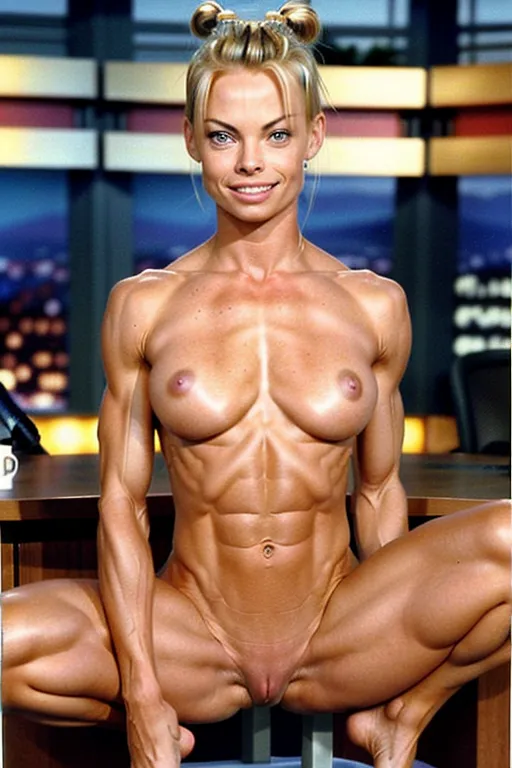 A very fit 18 year old fully naked Jaime Pressly, look of pleasure on her face, pushing her abs out, very low body fat, extremely lean body, perfect body, showing her vagina, squatting on top of a desk on the set of a late night talk show in 1999, fully nude, spreading her legs, perfectly shaped breast, blonde hair, spreading her legs wide open, hair bun, barefoot