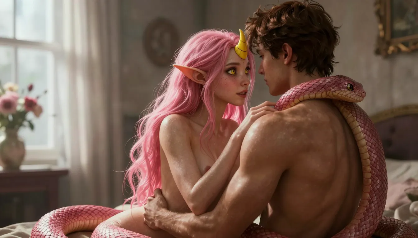 Realistic picture, fantasy, female snake humanoid, long pink hair, yellow eyes, small yellow horn on forehead, elf-like ears, nude, small breasts, pink scaly snake tail, male human, short brown hair, muscular back, nude, embracing, snake tail wrapped around male's waist, intimate, bedroom setting, soft light from window, white curtains, flower vase on windowsill, beige walls, warm colors, realistic shading, romantic, sensual, tender expression, detailed scales on snake tail, soft textures, light shadows, male's face partially obscured, female looking down at male, close-up, emotional connection, fantasy romance, detailed anatomy, soft focus, gentle atmosphere.