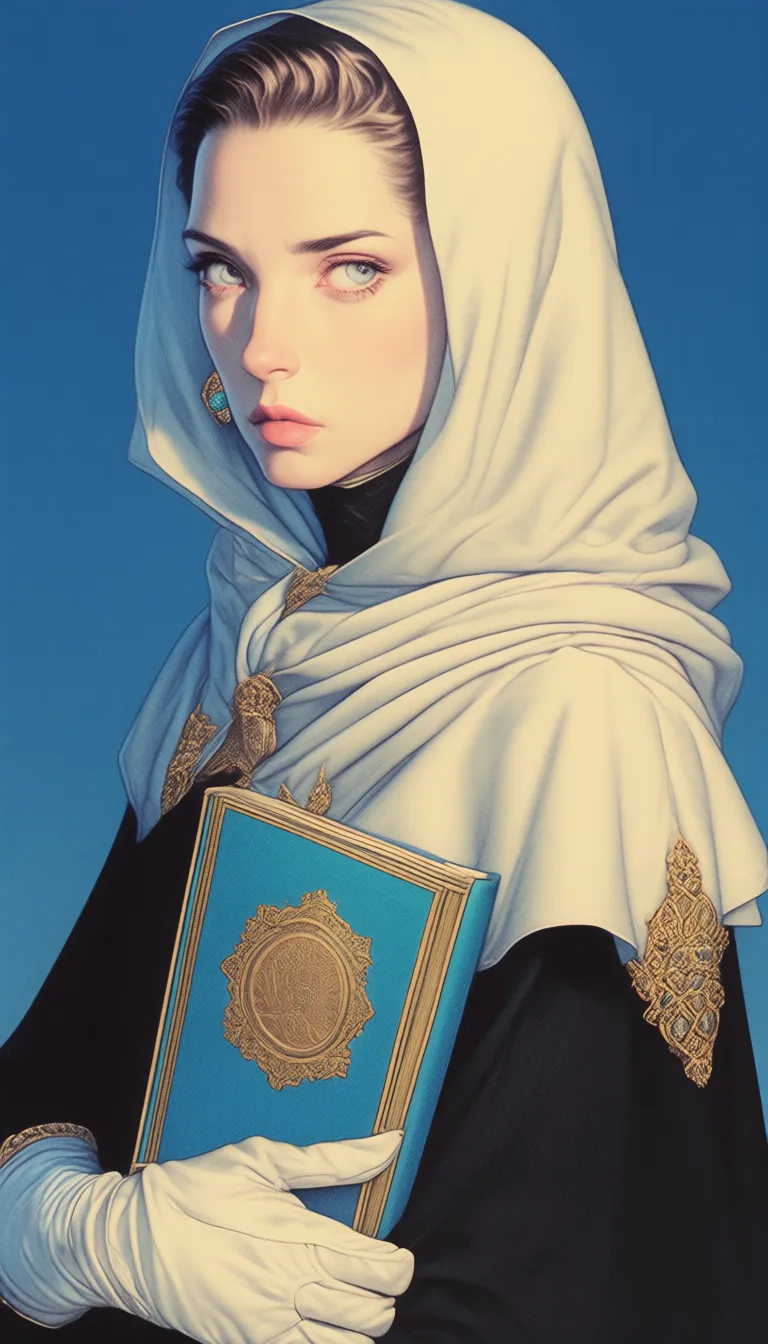 ArsMJStyle, Colored pencil hyperdetailed realism, The image is a digital illustration of a woman holding a book in her hands. The woman is wearing a white hooded cloak with gold accents and a black robe. She has a serious expression on her face and her eyes are looking off to the side. The book she is holding is blue and gold in color with intricate designs on the cover. The background is a solid blue color. The overall mood of the image is mysterious and contemplative., solo, blue background, jewelry, earrings, book, 1girl, holding, white gloves, gloves, holding book