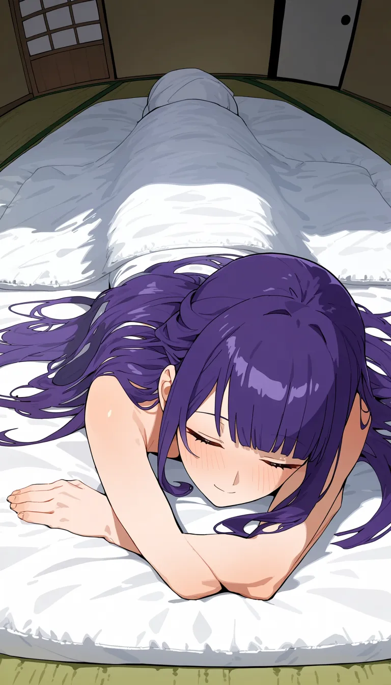 masterpiece, best quality, safe. An anime girl with purple hair is lying on her stomach on a futon, rolled up in a blanket. The background is a Japanese-style room. from below, closed eyes, blush, relaxed, smile