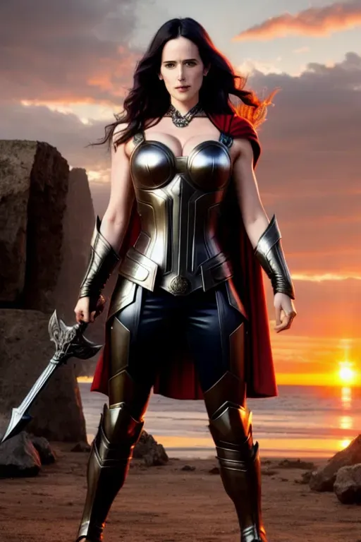 A 8k very wide photo shot of Eva green bending over in a skimpy metal armor with hands on a Thor hammer, sunset background,bulging tits,