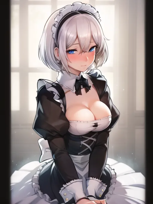 ((2B in french maid outfit)),
pov, solo focus, perfect edges, soft edges, ((soft focus)), ultra realistic, perfect anatomy, anatomically correct, two arms, five fingers per hand, two breasts, realistic skin texture, (soft lighting), (soft white glow), (soft focus), ((closeup)),
<lora:strading_kiss:.55>, sensual, romantic, flushed cheeks, blushing, short curly bob hairstyle, white hair, blue eyes,
((medium perky breasts))),