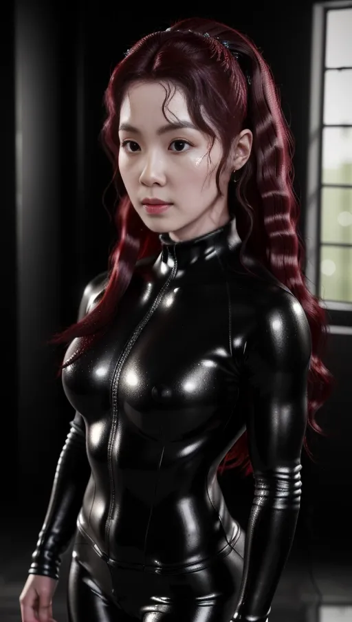 Highly detailed image of Irene from red Velvet . HDR. 8K. Highly detaild skin, Highly detailed hair. in tight black wet clothing. (masterpiece). (((photorealistic 1.5))), (((very detailed lighting))).