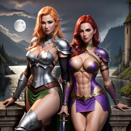 High fantasy, Dungeons and Dragons, two young women with blonde or red hair, wearing purple and blue armour, skirt to knees, high leather boots, medium breasts, cleavage, toned and slim body, abs, slender arms and legs, small ass, midrif, narrow waist, sensual expression, sharp features, very beautiful face, detailed eyes, arched eyebrows, sexy pose, holding sword in one hand, looking at the viewer, sensual and self assured smile,
castle on a cliff next to a lake and forest in the background, full moon, moon light,
two arms, two hands, five fingers, detailed fingers, two legs, two feet