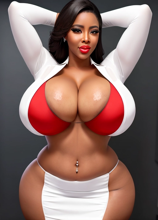 voluptuous
humongous breast
ebony girl
hands behind head
open white shirt
red skirt
curvy
huge cleavage