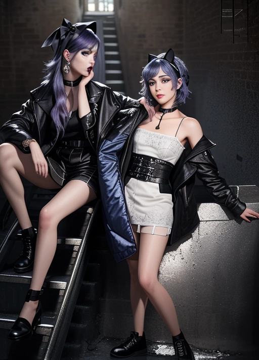 (Photograph), (photorealistic:1)
(Masterpiece), Best quality, 8k resolution,
HDR, UHD, 64K,
Highly detailed,
Perfect lighting,
Professional,
Unreal engine,
Vivid Colors,
2 skinny girls, short blue hair with Betty bangs, long purple hair, black headband, black choker, head tilt, drinking on stairs, abandoned building interior, flirty smile, puffy lips, long eyelashes, light complexion, bottle of wine, (highly realistic detailed face), perfect face, perfect body, slender figure, full body view, wide shot with EF 70mm lens