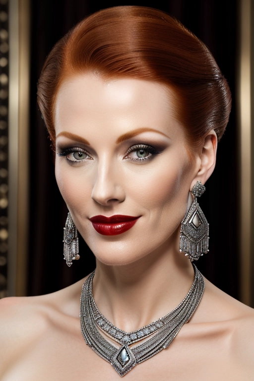 Closeup photograph, focused on her lower lip, Gorgeous skinny thin redhead, ((looking into the camera lens)), full makeup, art deco earrings, art deco necklace, elegant updo hairstyle, sexually excited, naked, sexually aroused, lascivious smile, libidinous expression, dynamic sexually provocative pose, black roses, opulent richly decorated art deco room