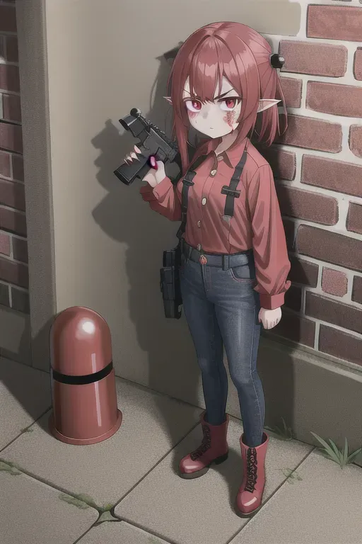 A cute loli holding a pistol hiding behind a brick wall, she is getting shot at, she is wearing a bright red button up long sleeve shirt, she is wearing dark red jeans, she is wearing black boots, underneath her is a puddle of blood she is standing in, she has an angry and serious expression on her face, she has red hair, and bright red glowing eyes, she has a little bit of blood splatter on her face, she has pointy ears, she is standing in an alleyway