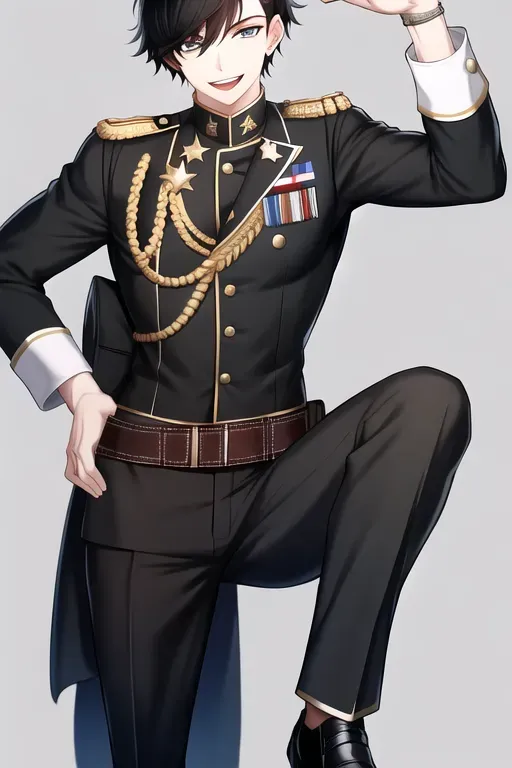 short black hair, nationalist uniform, hat, boy, happy, modern day, male, pants, pistol
